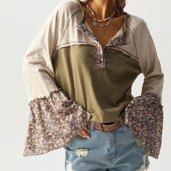 multicolor Casual Women's Boho Loose Fit flared sleeve top - Picture 1 of 8